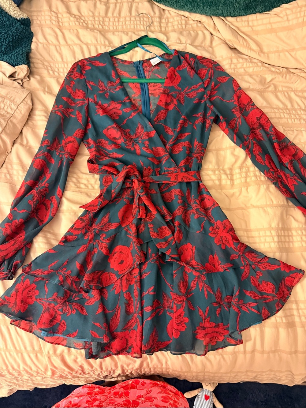 Floral Wrap Mini Dress in Red and Dark Green - Picture 2 of 5